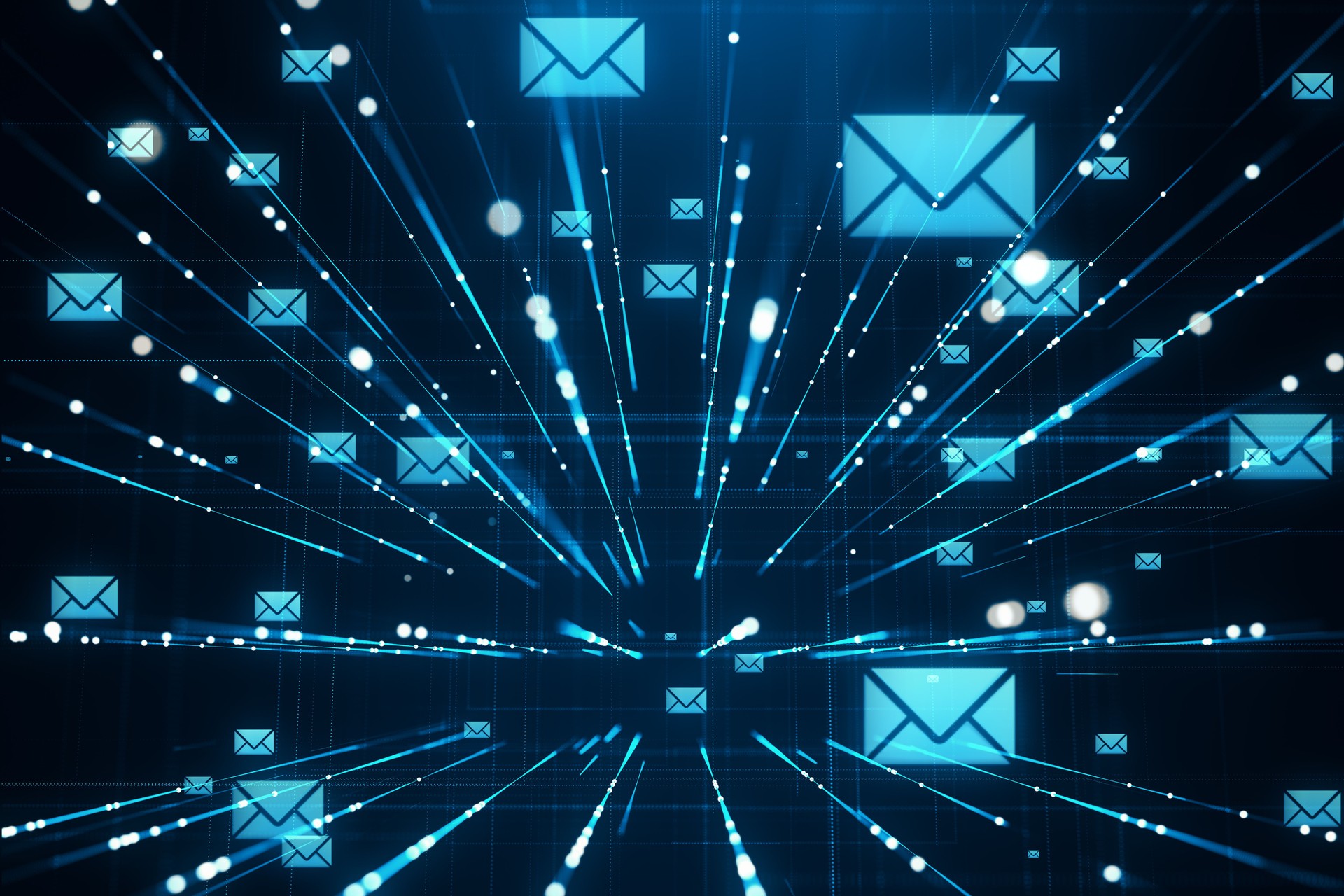 Digital email communication concept with glowing envelope icons and light rays on a futuristic blue background representing virtual inboxes. 3D Rendering